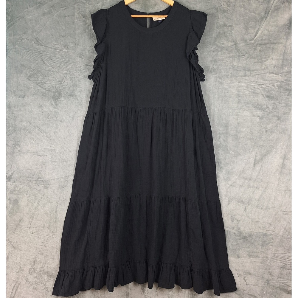 Cottagecore Tiered Maxi Dress Womens 3X Black Boho Prairie Pockets Cotton Ruffle